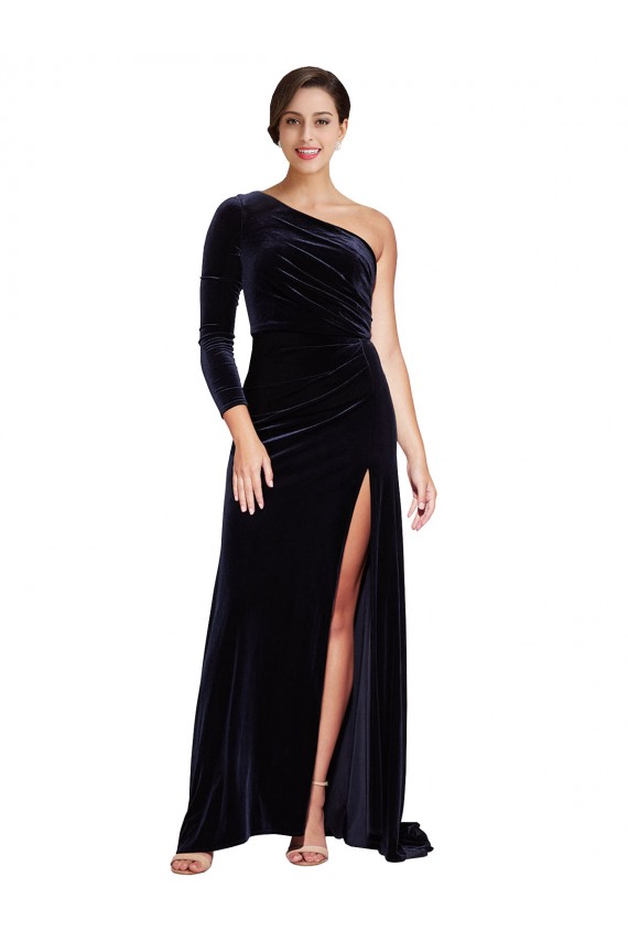 Affordable Stretch Velvet Dark Navy A-Line One Shoulder Sweep Train Evening Dress UK