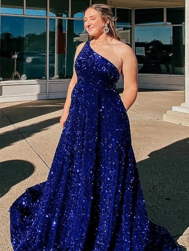 Affordable Velvet Sequin Royal Blue A-Line One Shoulder Sweep Train Evening Dress UK