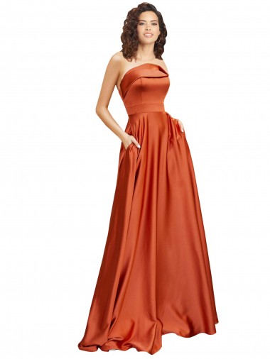 Affordable Silky Satin Burnt Orange A-Line Round Neck Sweep Train Evening Dress UK