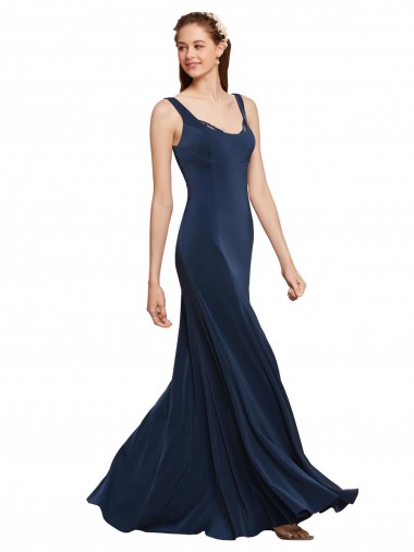 Affordable Stretch Crepe Dark Navy A-Line Round Neck Long Evening Dresses UK