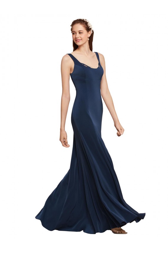 Affordable Stretch Crepe Dark Navy A-Line Round Neck Long Evening Dresses UK