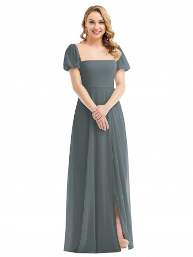 Affordable Soft Chiffon Slate Grey A-Line Square Neck Long Maxi Evening Dress UK