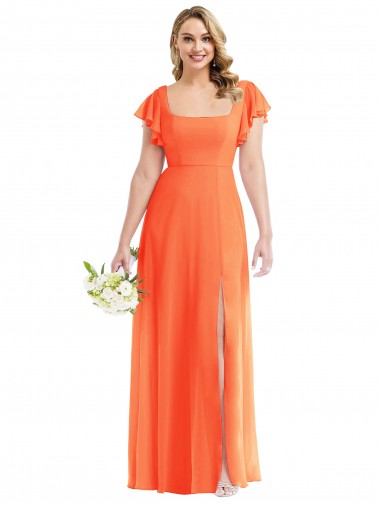 Affordable Soft Chiffon Tangerine Tango A-Line Square Neck Long Maxi Evening Dress UK