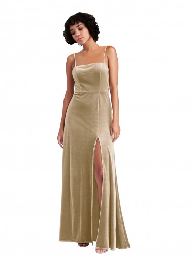 Affordable Stretch Velvet Champagne A-Line Square Neck Long Maxi Evening Dress UK