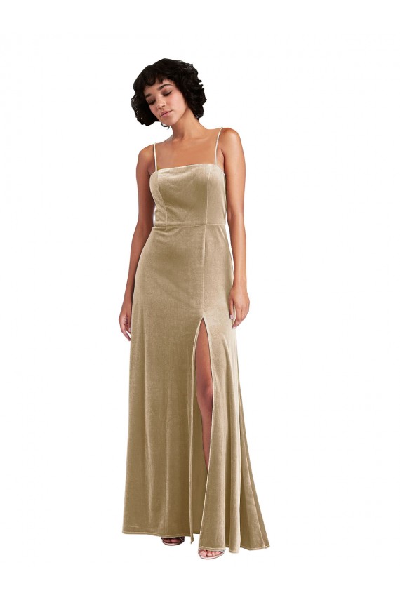 Affordable Stretch Velvet Champagne A-Line Square Neck Long Maxi Evening Dress UK