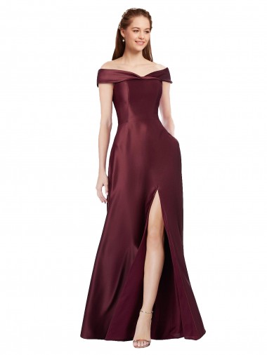 Affordable Satin Burgundy Gold A-Line Off the Shoulder Long Evening Dress UK