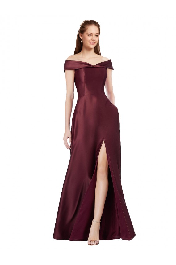 Affordable Satin Burgundy Gold A-Line Off the Shoulder Long Evening Dress UK