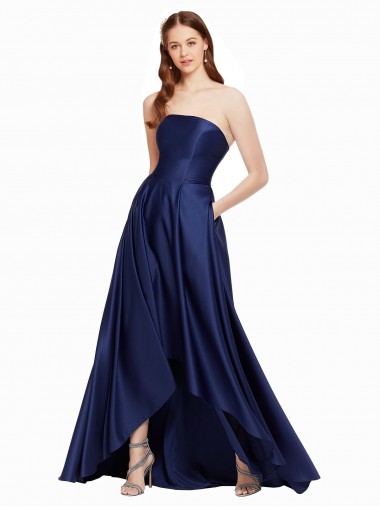 Affordable Satin Dark Navy A-Line Strapless Long Evening Dresses UK