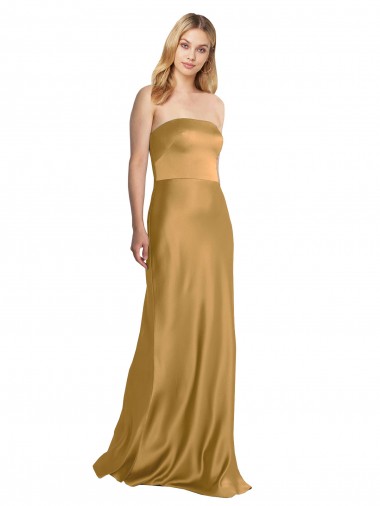 Affordable Stretch Satin Gold A-Line Strapless Long Wedding Party Dress UK