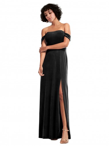 Affordable Stretch Velvet Black A-Line Off the Shoulder Long Sleeveless Evening Dress UK