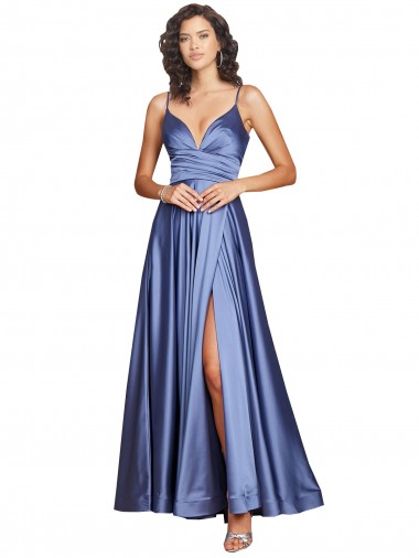 Affordable Silky Satin French Blue A-Line Spaghetti Straps Long Sexy Evening Dress UK