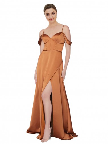 Affordable Silky Satin Orange A-Line Spaghetti Straps Long Evening Dress UK