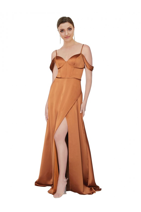 Affordable Silky Satin Orange A-Line Spaghetti Straps Long Evening Dress UK