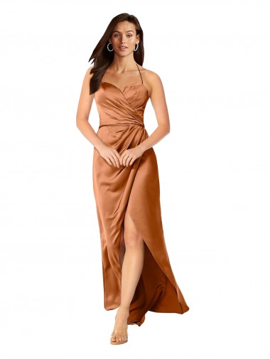 Affordable Silky Satin Orange A-Line Spaghetti Straps Long Sleeveless Evening Dress UK