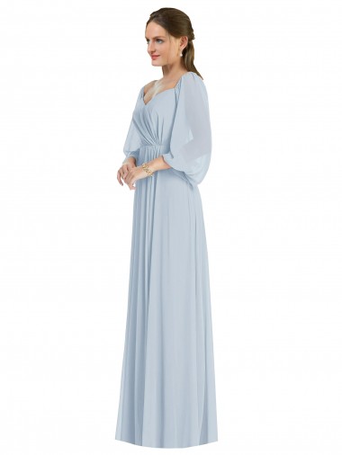 Affordable Soft Chiffon Sea Glass A-Line Off the Shoulder Long Puff Sleeves Evening Dress UK