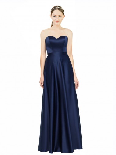 Affordable Stretch Satin Dark Navy A-Line Sweetheart Long Wedding Party Dress UK