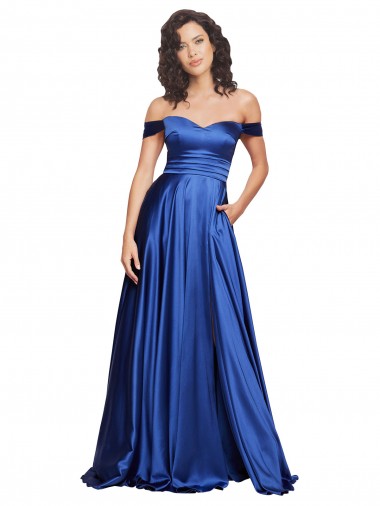 Affordable Stretch Satin Royal Blue A-Line Off the Shoulder Sweep Train Evening Dress UK