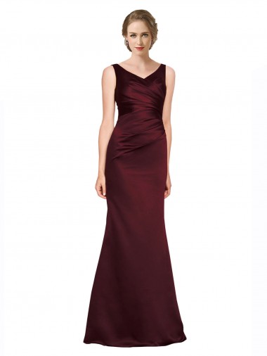 Affordable Luxe Satin Burgundy A-Line V-Neck Long Evening Dress UK