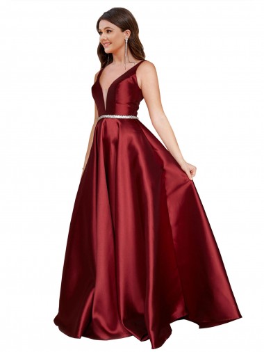 Affordable Satin Burgundy A-Line V-Neck Long Plus Size Evening Dress UK