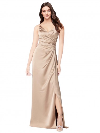 Affordable Silky Satin Champagne Pink A-Line Spaghetti Straps Long Evening Dress UK