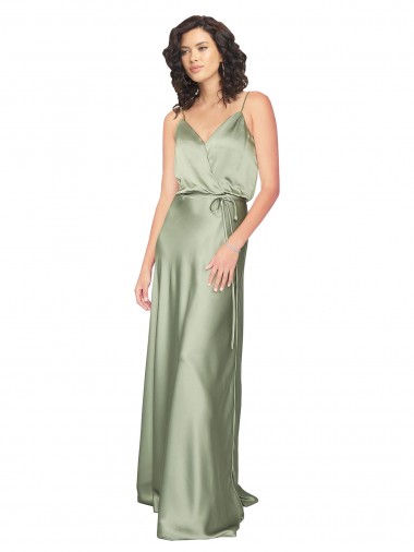 Affordable Silky Satin Smoke Green A-Line V-Neck Long Evening Dress UK