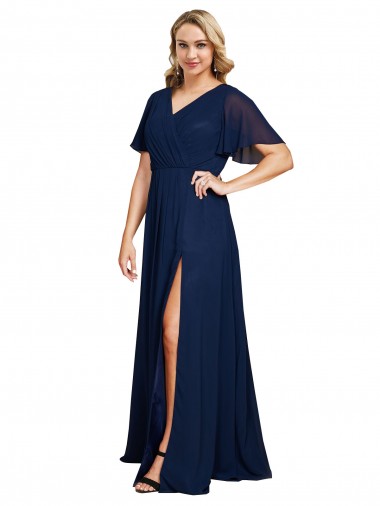 Affordable Soft Chiffon Dark Navy A-Line V-Neck Long Plus Size Evening Dress UK