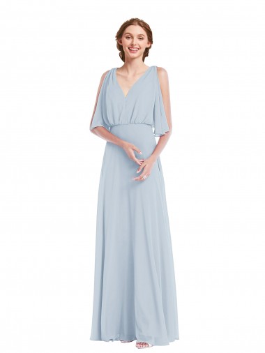 Affordable Soft Chiffon Sea Glass A-Line V-Neck Long Half Sleeves Maxi Evening Dress UK