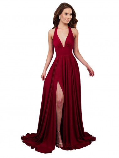 Affordable Spandex Burgundy A-Line Halter Neck Long Sexy Evening Dress UK