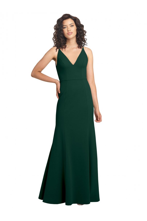 Affordable Stretch Crepe Midnight Green A-Line V-Neck Long Wedding Party Dress UK