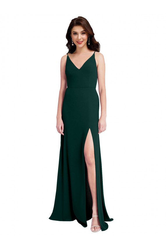 Affordable Stretch Crepe Midnight Green A-Line V-Neck Long Evening Dress UK