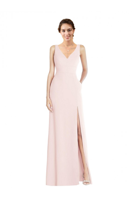 Affordable Stretch Crepe Pink A-Line V-Neck Long Semi Formal Evening Dress UK