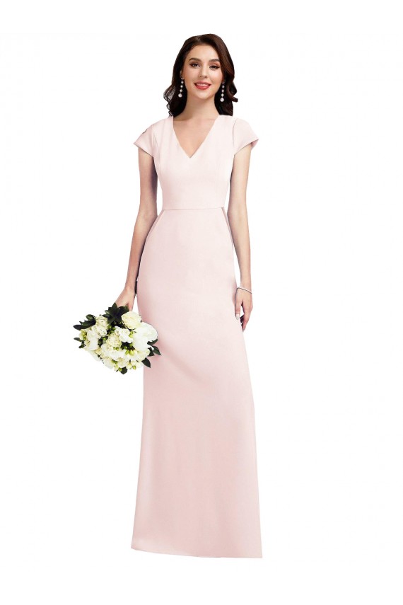 Affordable Stretch Crepe Pink A-Line V-Neck Long Evening Dress UK