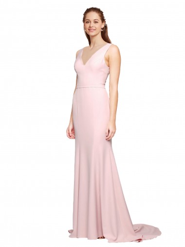 Affordable Stretch Crepe Pink A-Line V-Neck Sweep Train Semi Formal Evening Gown UK