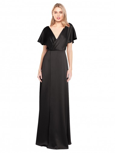 Affordable Stretch Satin Black A-Line V-Neck Long Evening Dress UK