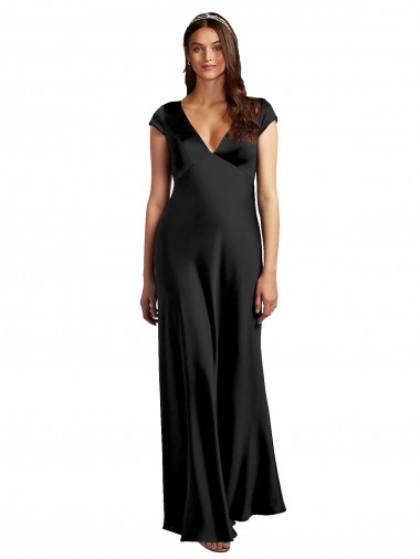 Affordable Stretch Satin Black A-Line V-Neck Long Cap Sleeves Evening Dress UK