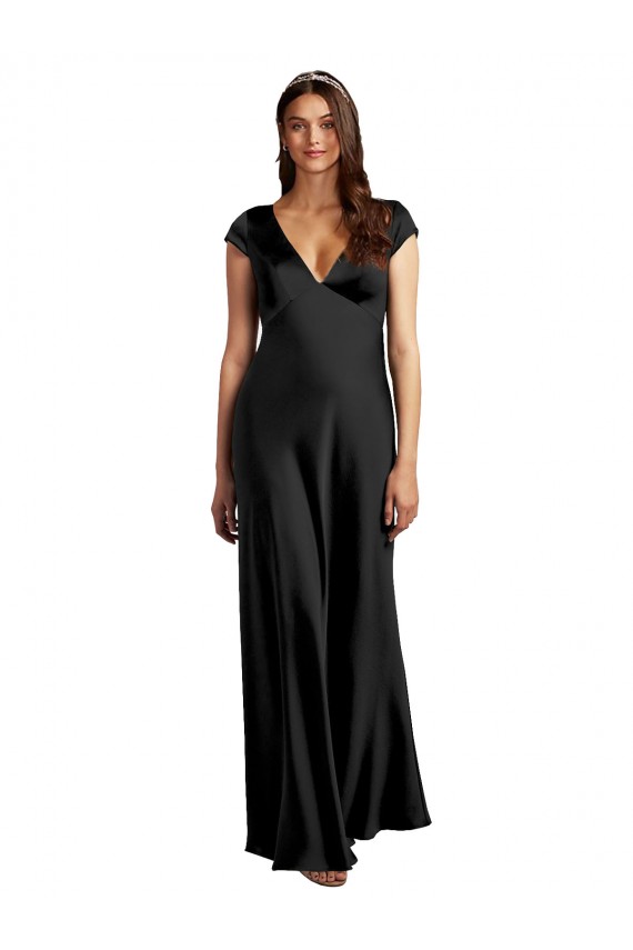 Affordable Stretch Satin Black A-Line V-Neck Long Cap Sleeves Evening Dress UK