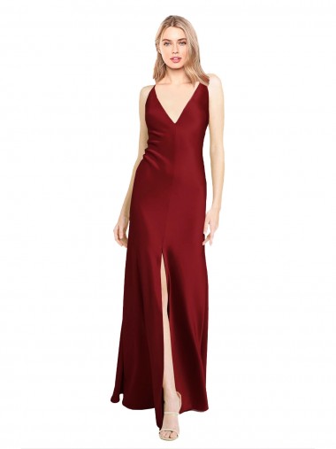 Affordable Stretch Satin Burgundy A-Line V-Neck Long Evening Dresses UK