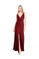 Affordable Stretch Satin Burgundy A-Line V-Neck Long Evening Dresses UK