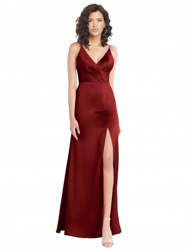 Affordable Stretch Satin Burgundy A-Line V-Neck Long Wedding Party Dress UK