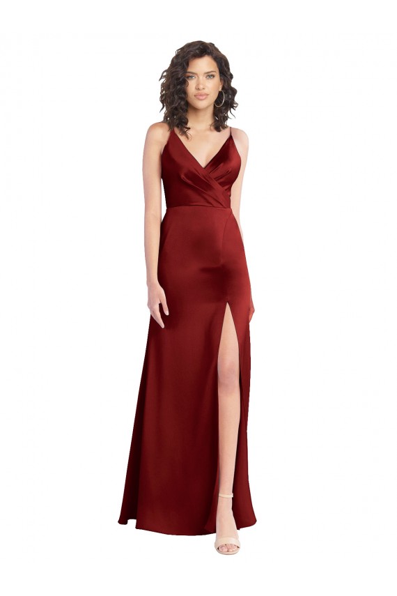 Affordable Stretch Satin Burgundy A-Line V-Neck Long Wedding Party Dress UK