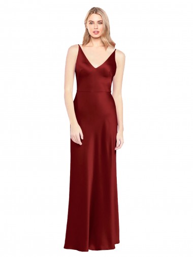 Affordable Stretch Satin Burgundy A-Line Spaghetti Straps Long Evening Dress UK