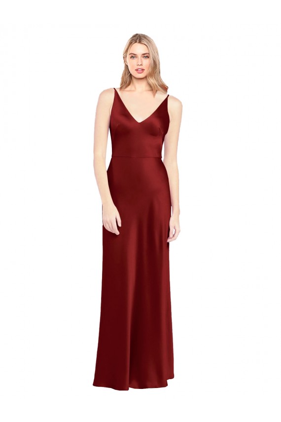 Affordable Stretch Satin Burgundy A-Line Spaghetti Straps Long Evening Dress UK