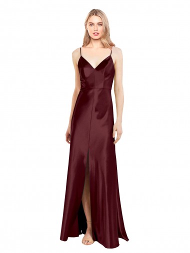 Affordable Stretch Satin Burgundy Gold A-Line Spaghetti Straps Long Evening Dresses UK