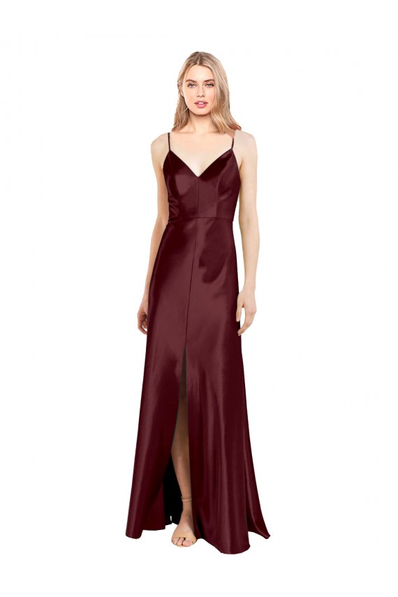 Affordable Stretch Satin Burgundy Gold A-Line Spaghetti Straps Long Evening Dresses UK