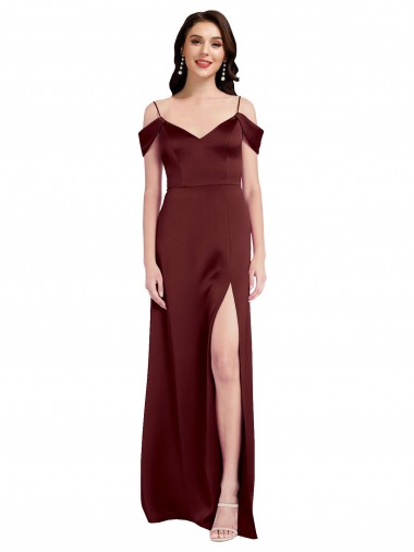 Affordable Stretch Satin Burgundy Gold A-Line Off the Shoulder Long Wedding Party Dress UK