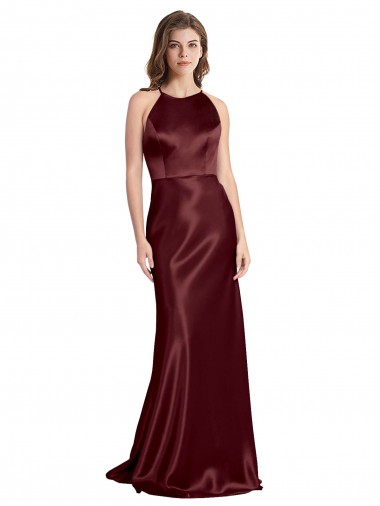 Affordable Stretch Satin Burgundy Gold A-Line Spaghetti Straps Long Evening Dress UK