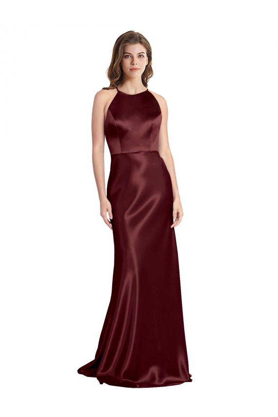 Affordable Stretch Satin Burgundy Gold A-Line Spaghetti Straps Long Evening Dress UK