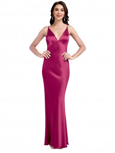 Affordable Stretch Satin Fuchsia A-Line Spaghetti Straps Long Sexy Evening Dress UK