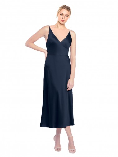 Affordable Stretch Satin Dark Navy A-Line V-Neck Midi Length Evening Dress UK