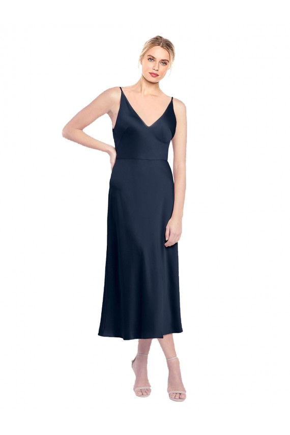 Affordable Stretch Satin Dark Navy A-Line V-Neck Midi Length Evening Dress UK